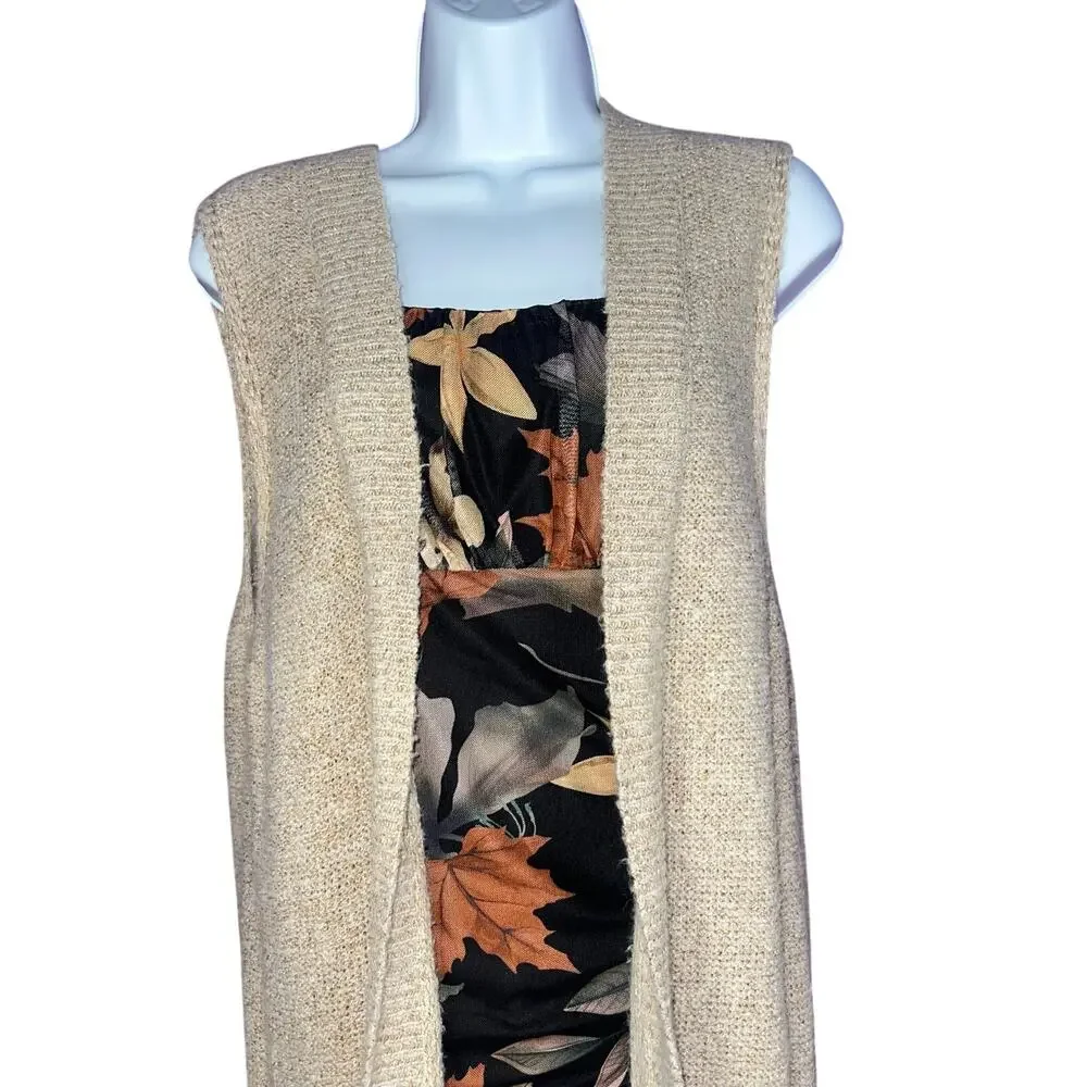 H&M Cream Long Sleeveless Knit Cardigan Layering Duster Vest Size Medium
